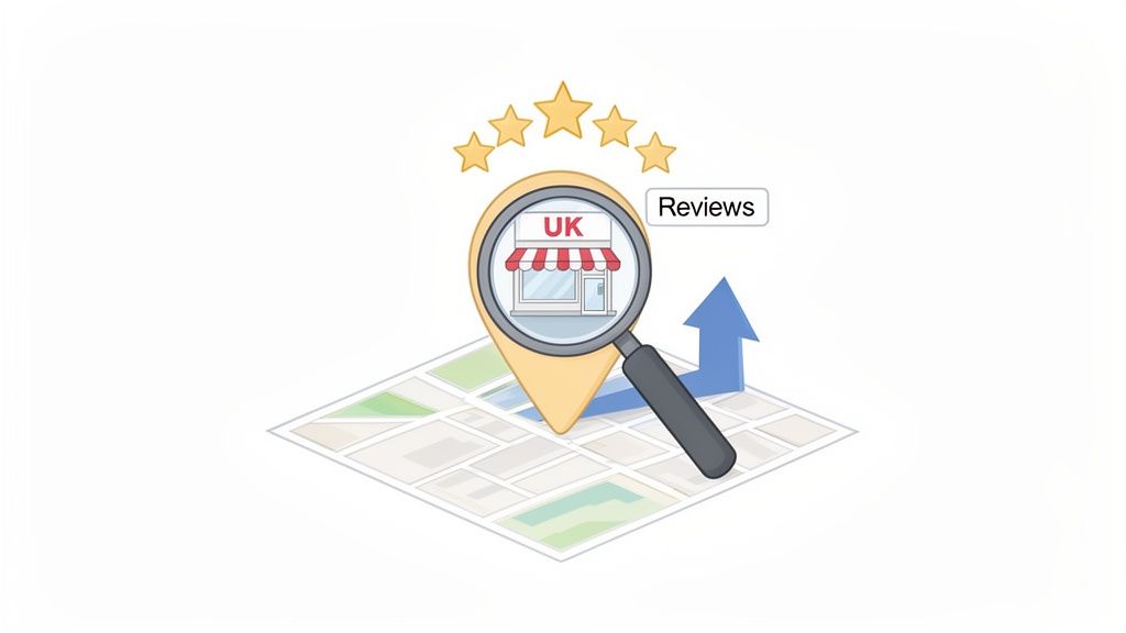 An illustration of a UK business on a map, showing five-star reviews and growth in local search.
