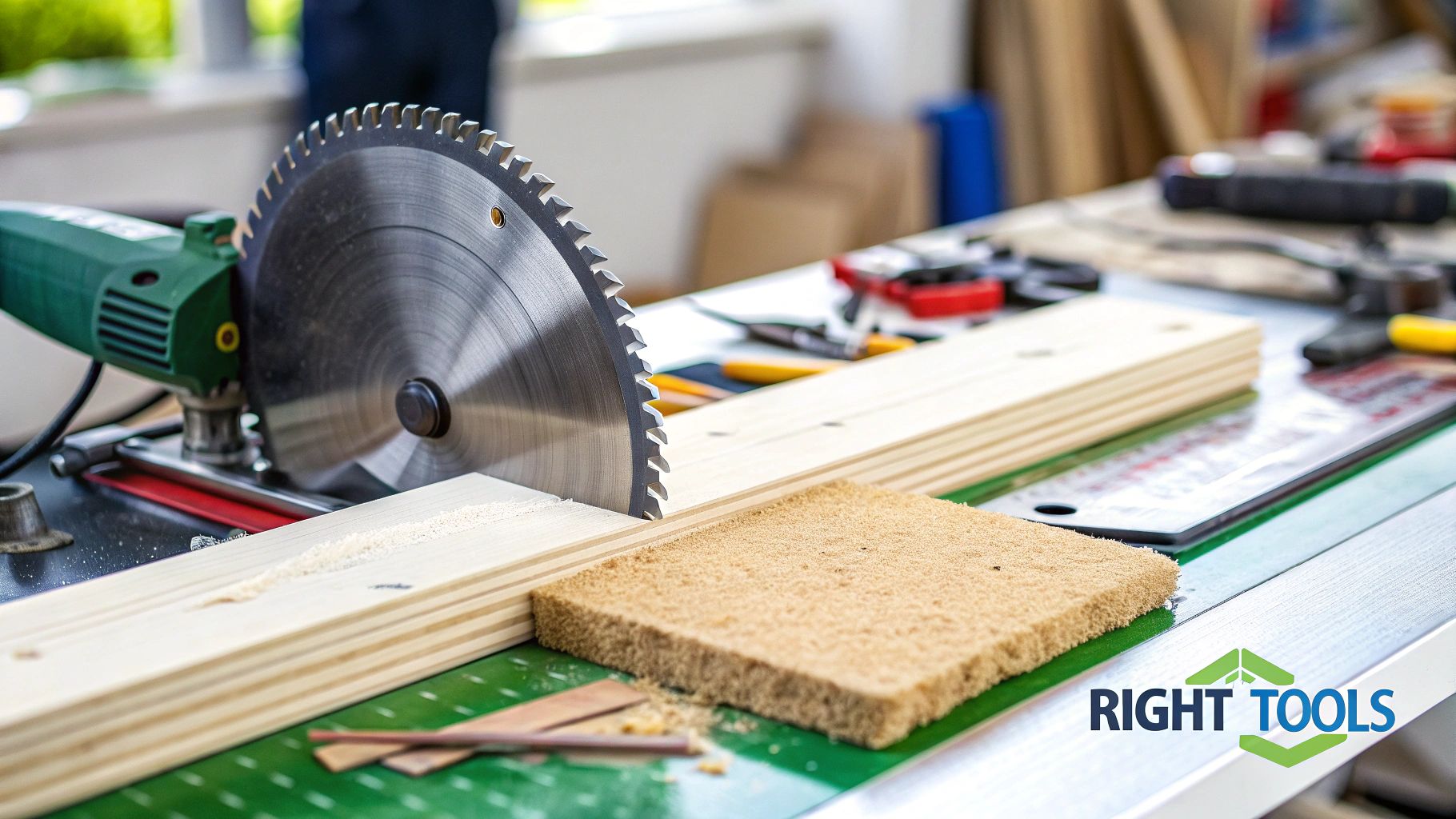 A close-up shot of a circular saw blade cutting through a laminate kitchen worktop, with sawdust flying.