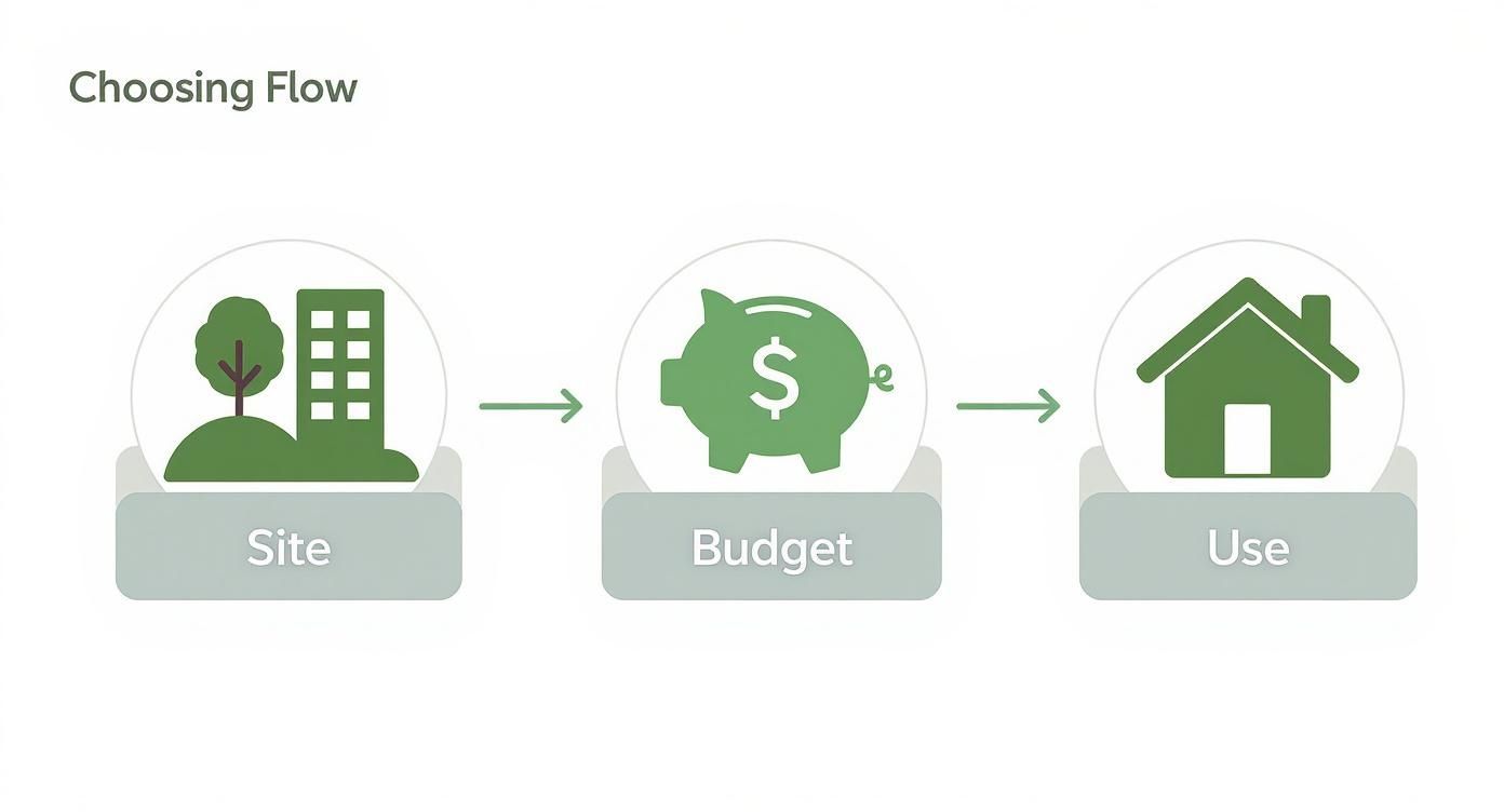 Infographic outlining the process for choosing a shipping container foundation based on site, budget, and use.