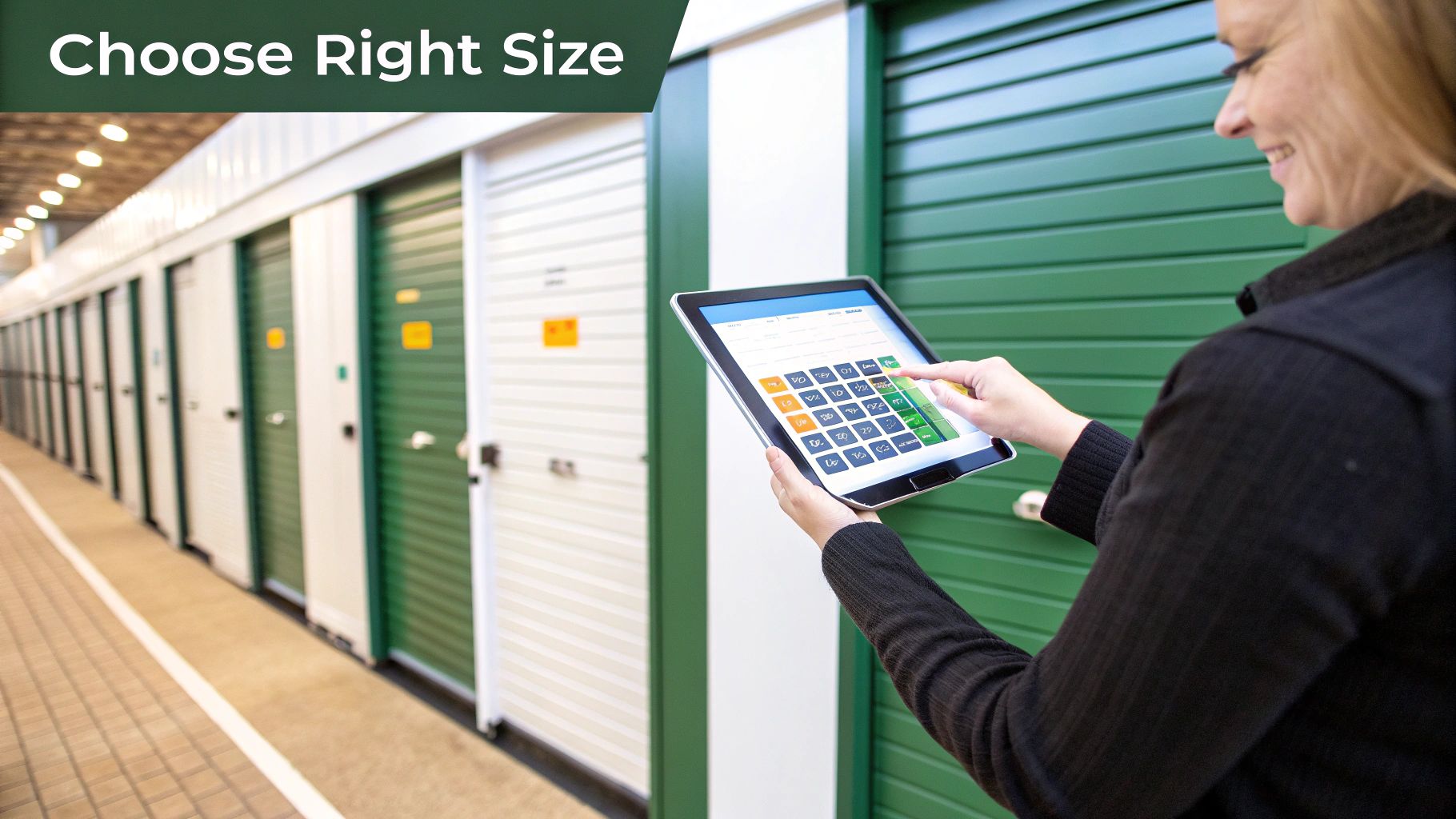 Smiling woman uses a tablet to select the right self-storage unit size in a modern facility.