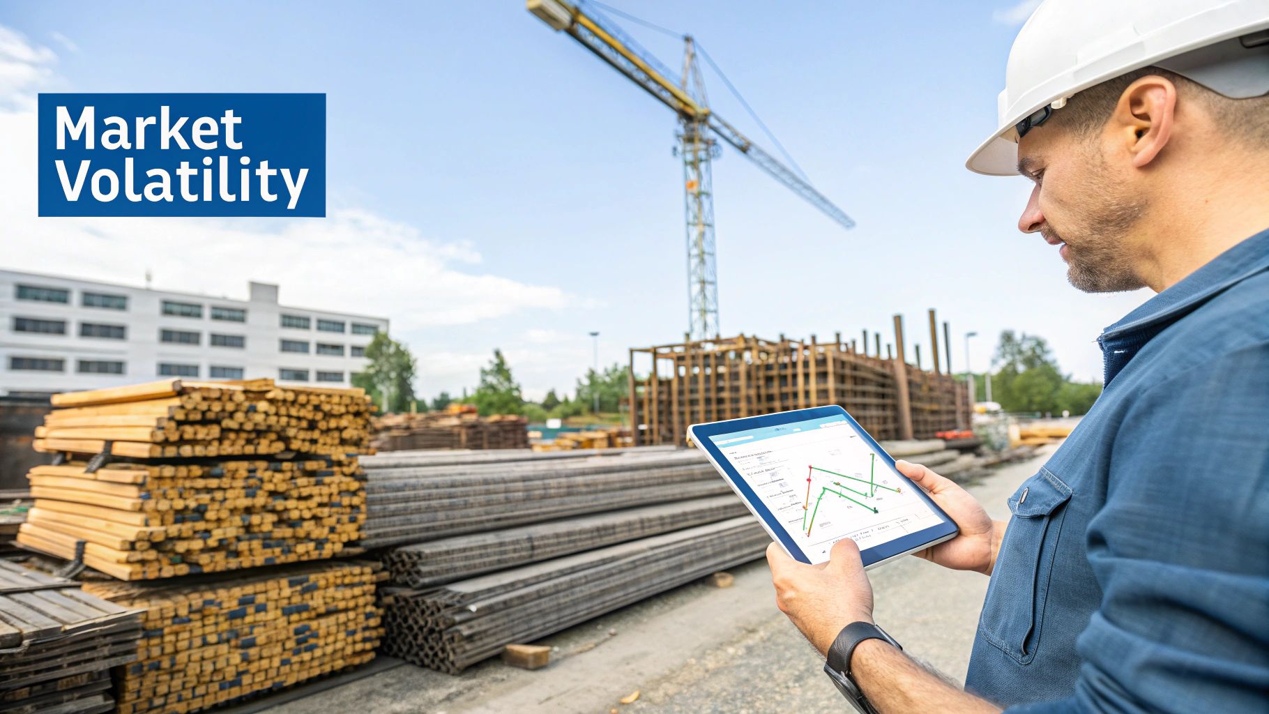 A construction worker in a hard hat reviews market data on a tablet at a building site.