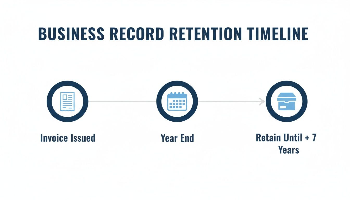 Timeline showing business record retention process: Invoice Issued, Year End, Retain Until + 7 Years.