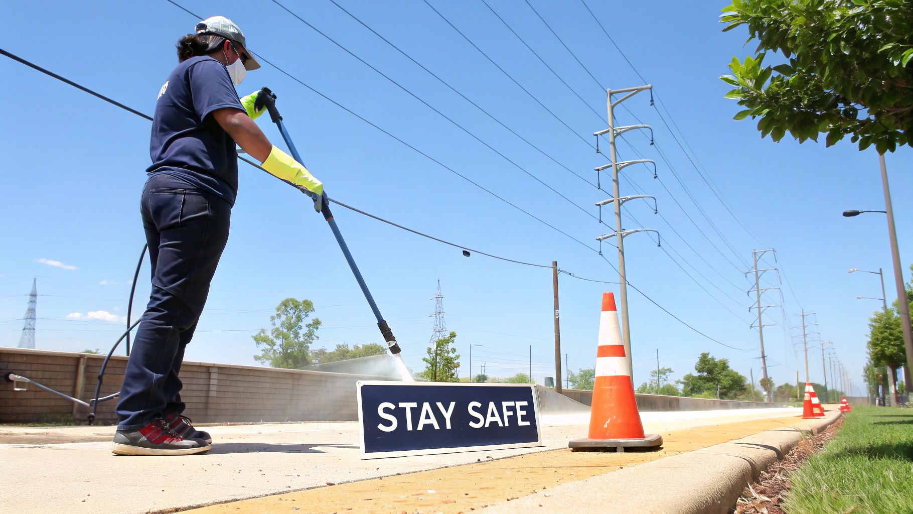 A worker in a mask and gloves pressure washing a sidewalk next to a "STAY SAFE" sign and traffic cones.