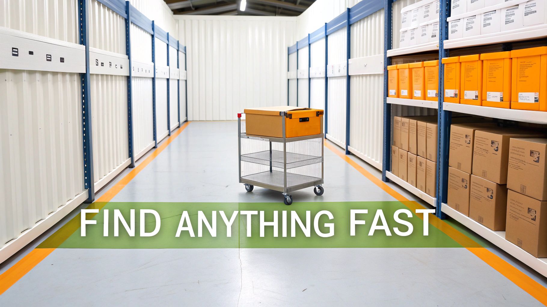 A well-organised storage unit with labelled boxes on shelves, creating a clear aisle.