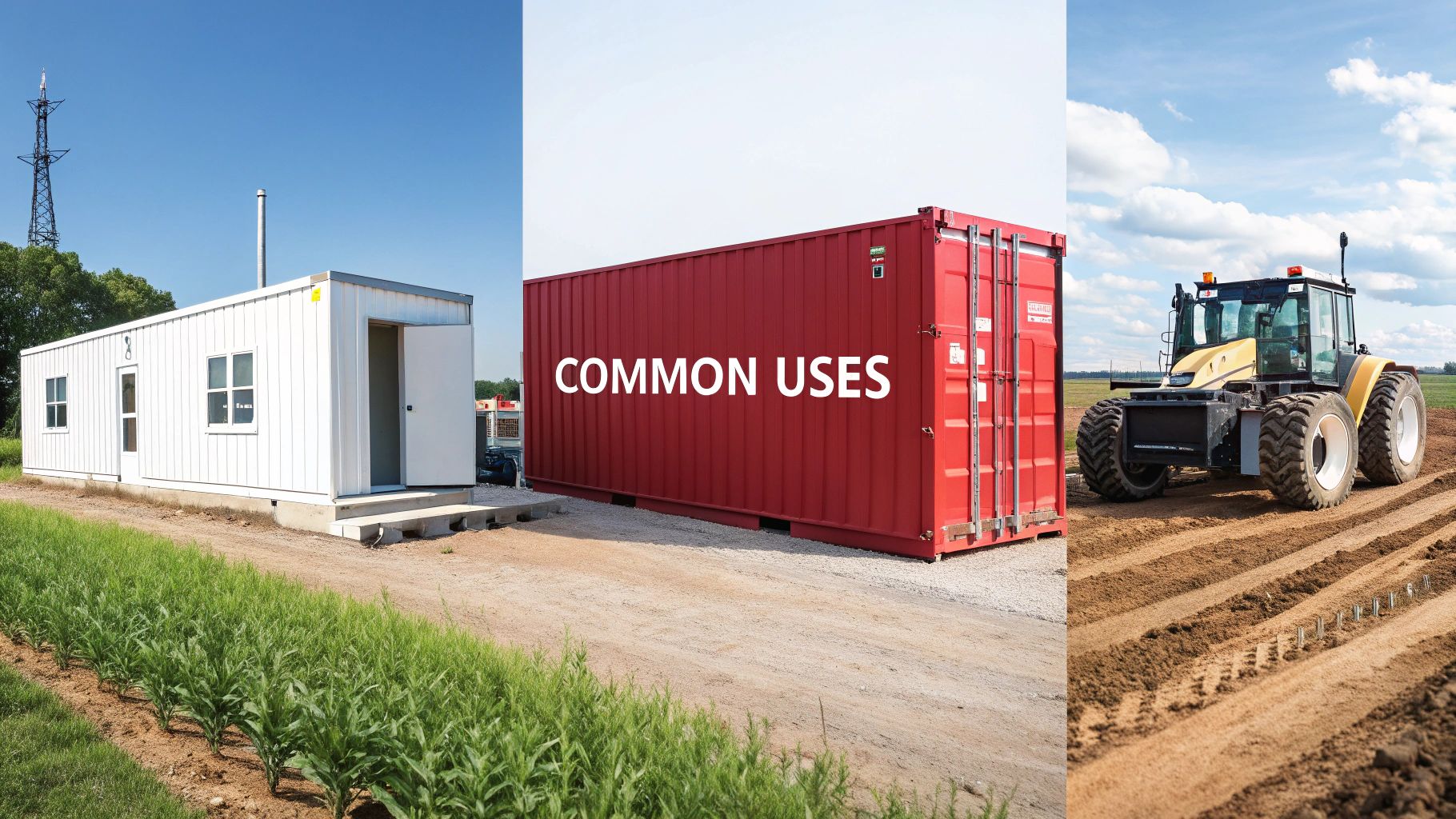 Modular building, red shipping container with 'COMMON USES' text, and tractor working in fields.
