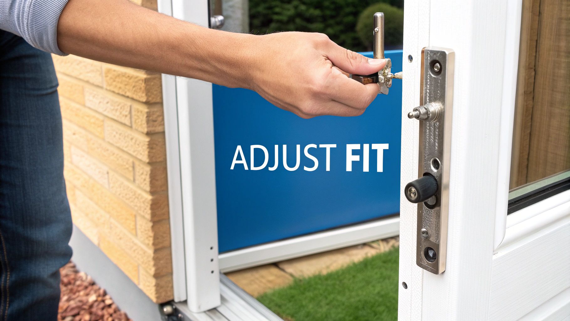 A close-up of a modern uPVC door hinge, showing the adjustment screws.