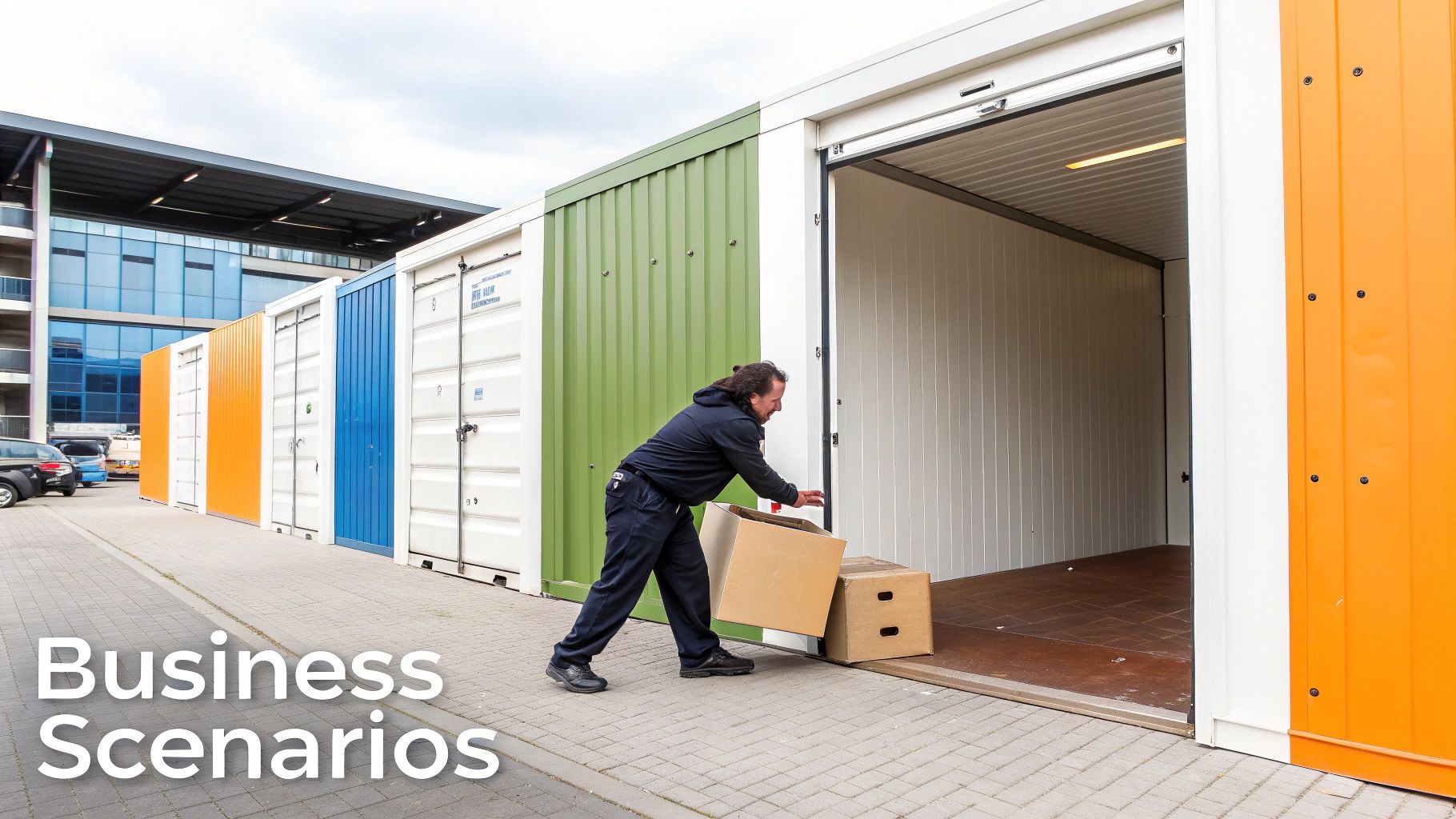 Worker moving cardboard boxes into colorful storage container unit at business facility