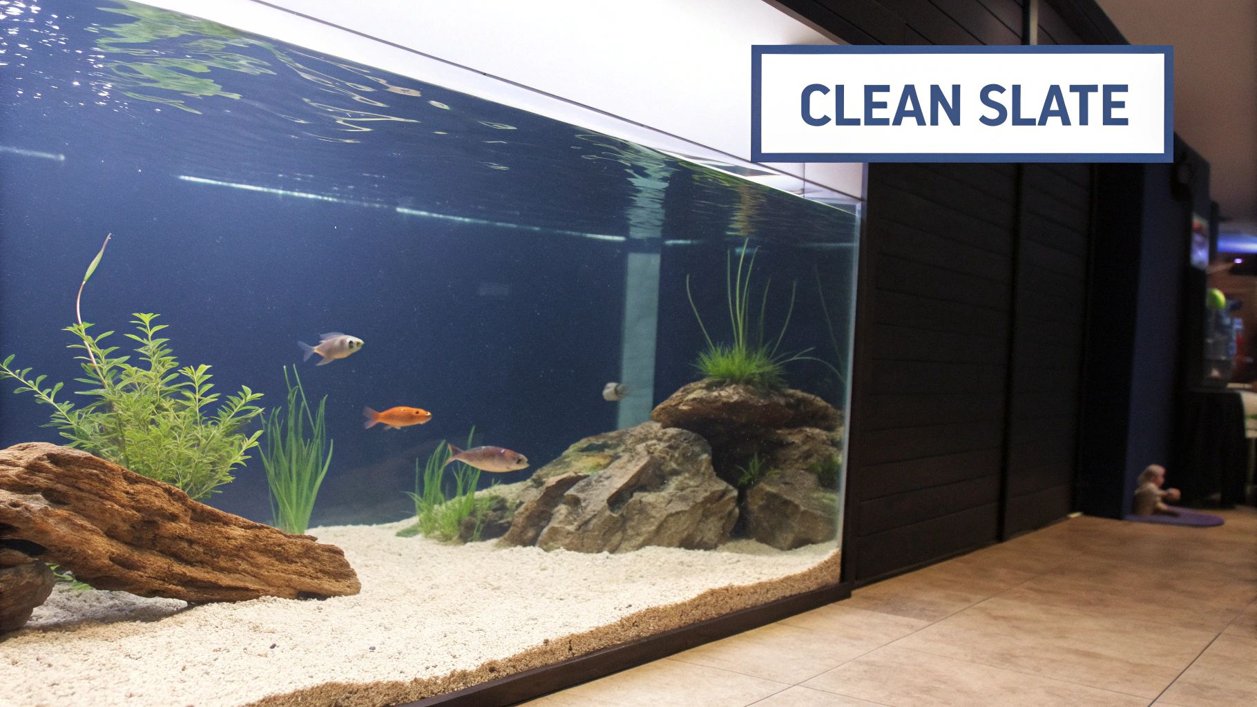 A meticulously clean freshwater aquarium featuring various fish, live plants, and decorative rocks over a sandy substrate.