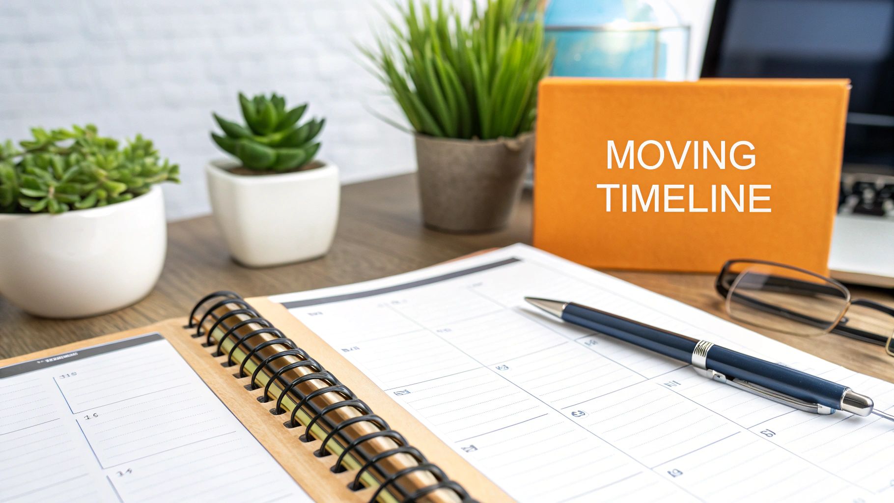 An orange box labeled 'Moving Timeline' sits on a desk with a planner, pen, glasses, and potted plants.