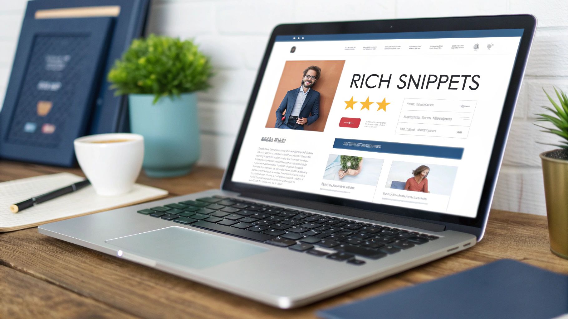 Laptop on a wooden desk displays 'RICH SNIPPETS' page, with a coffee cup, notebook, and plants nearby.