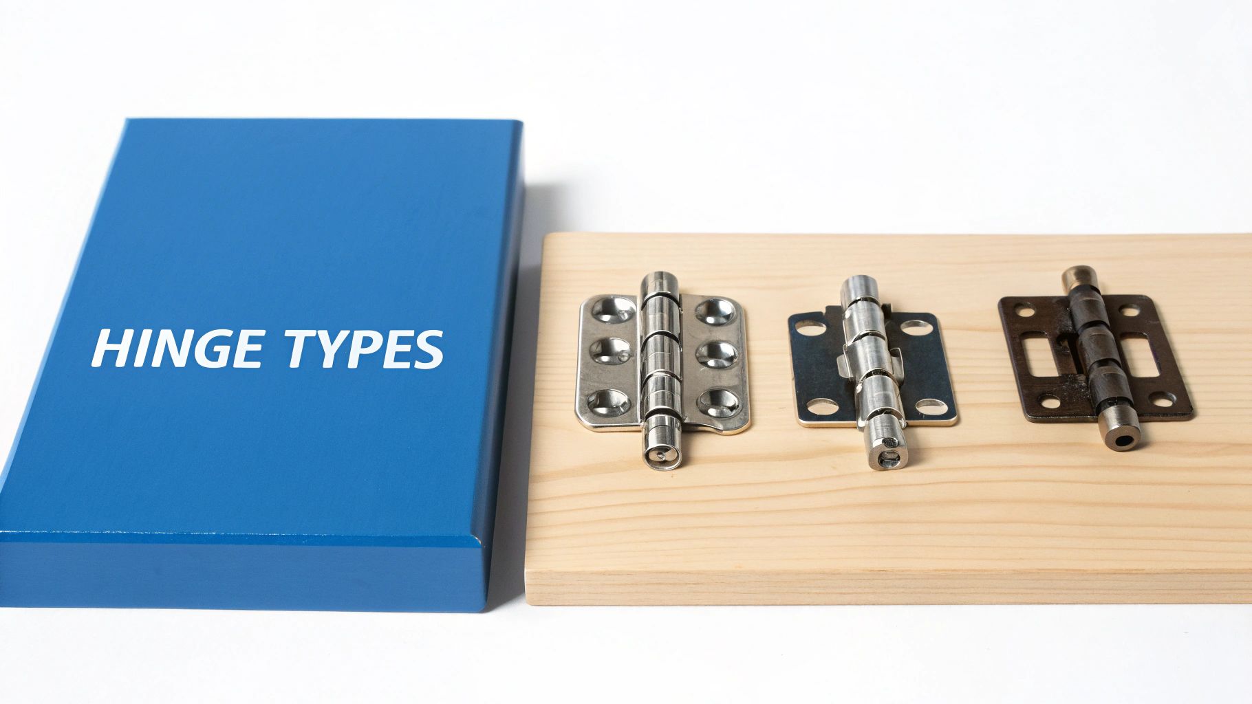 A blue box labeled 'HINGE TYPES' next to a wooden board displaying three different metal cabinet hinges.