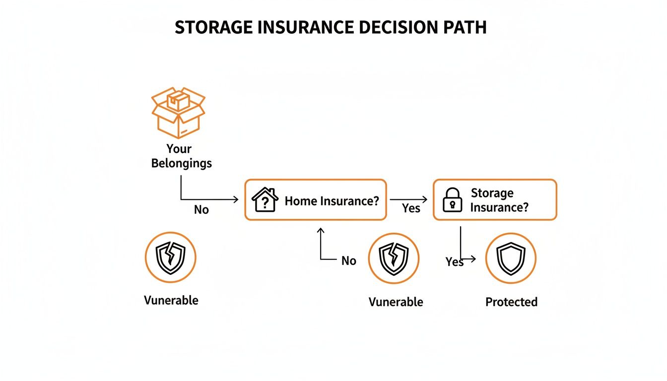 A flowchart showing the storage insurance decision path, considering home and storage insurance.