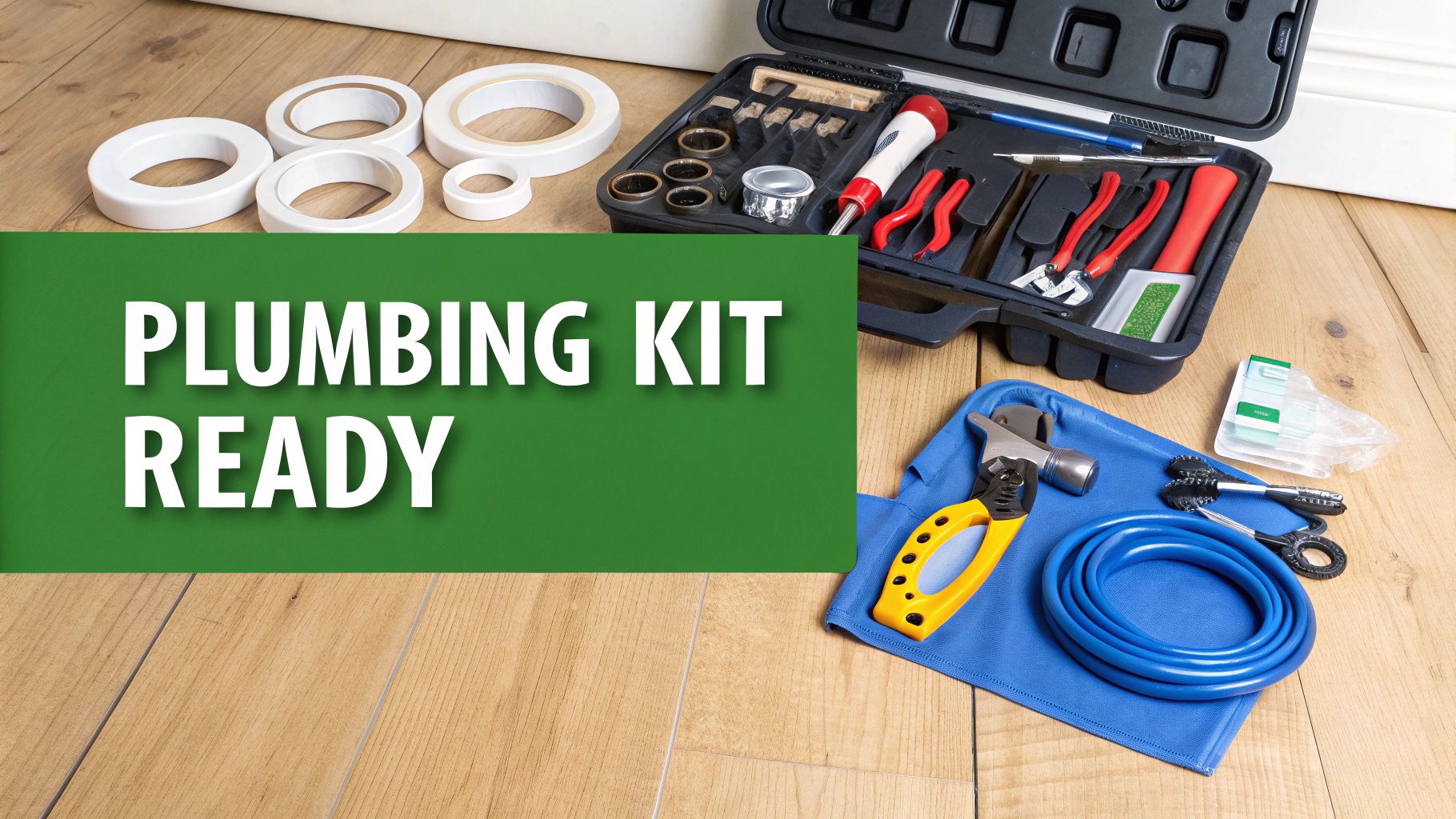 A comprehensive plumbing kit including various tools, tapes, and a hose, ready for use on a wooden floor.