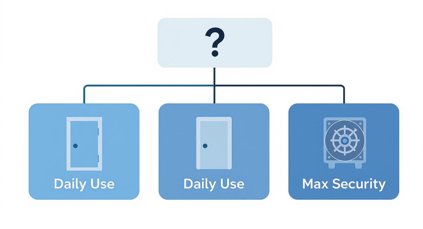A conceptual diagram showing a question mark leading to two 'Daily Use' doors and one 'Max Security' safe.