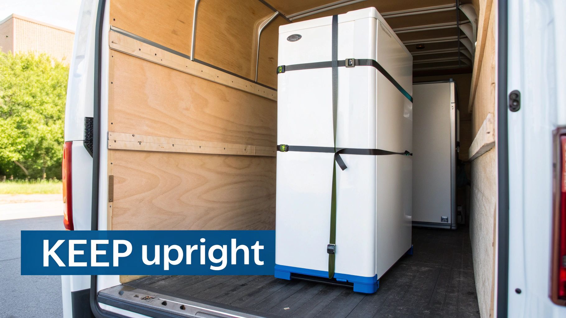 Two white fridge-freezers securely strapped upright inside a wooden-lined delivery van with text overlay.