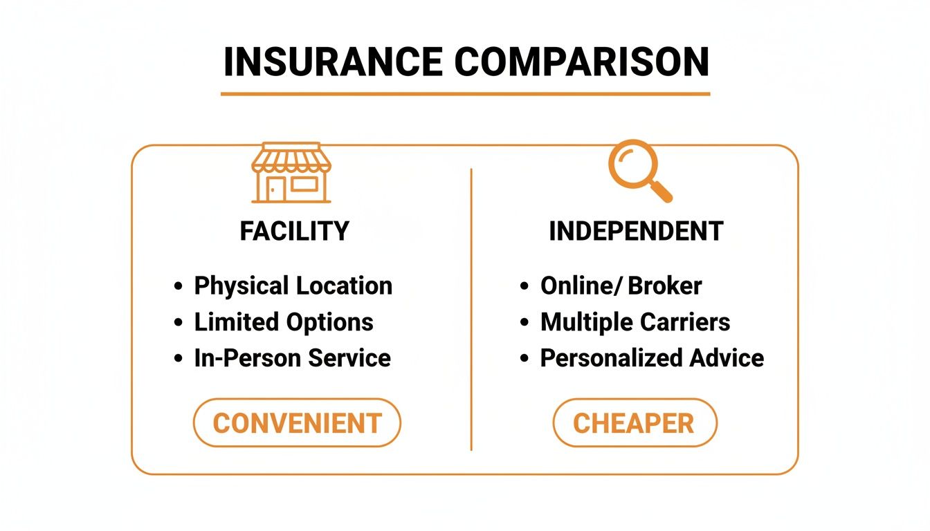 An infographic comparing facility insurance (convenient, limited options) with independent insurance (cheaper, multiple carriers).