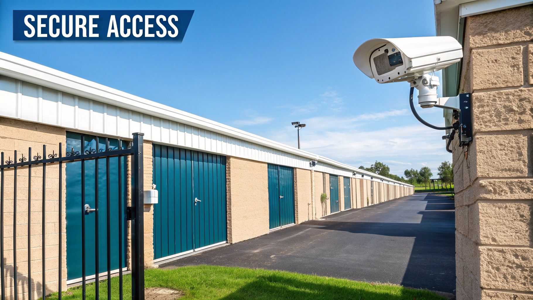 A well-lit, secure self-storage facility corridor with multiple unit doors.