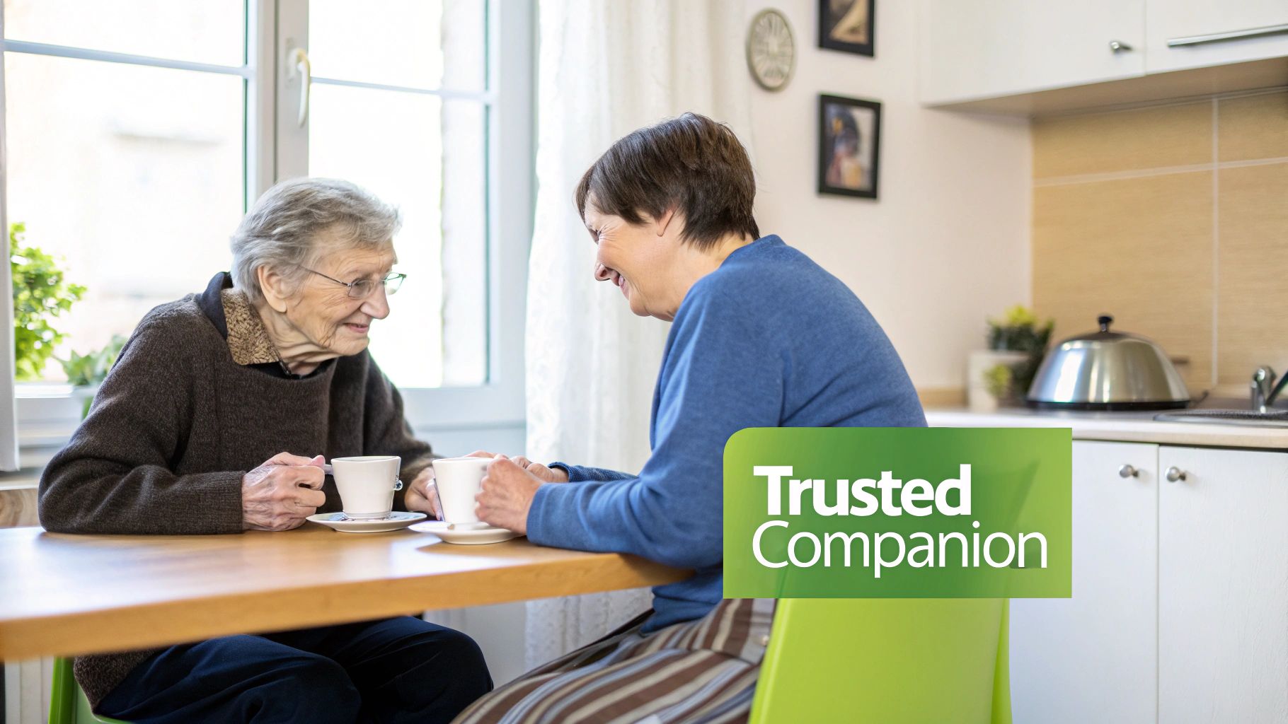 Elderly woman and caregiver sharing tea and conversation at kitchen table in bright home