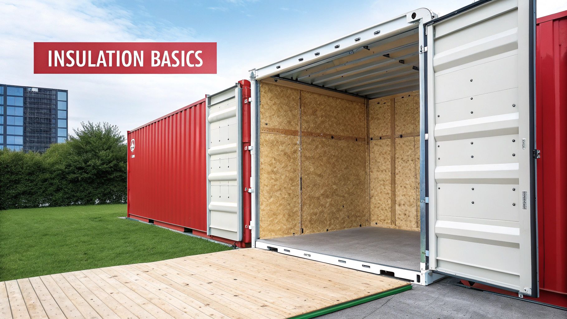 A partially insulated shipping container showing yellow spray foam on the walls and ceiling.