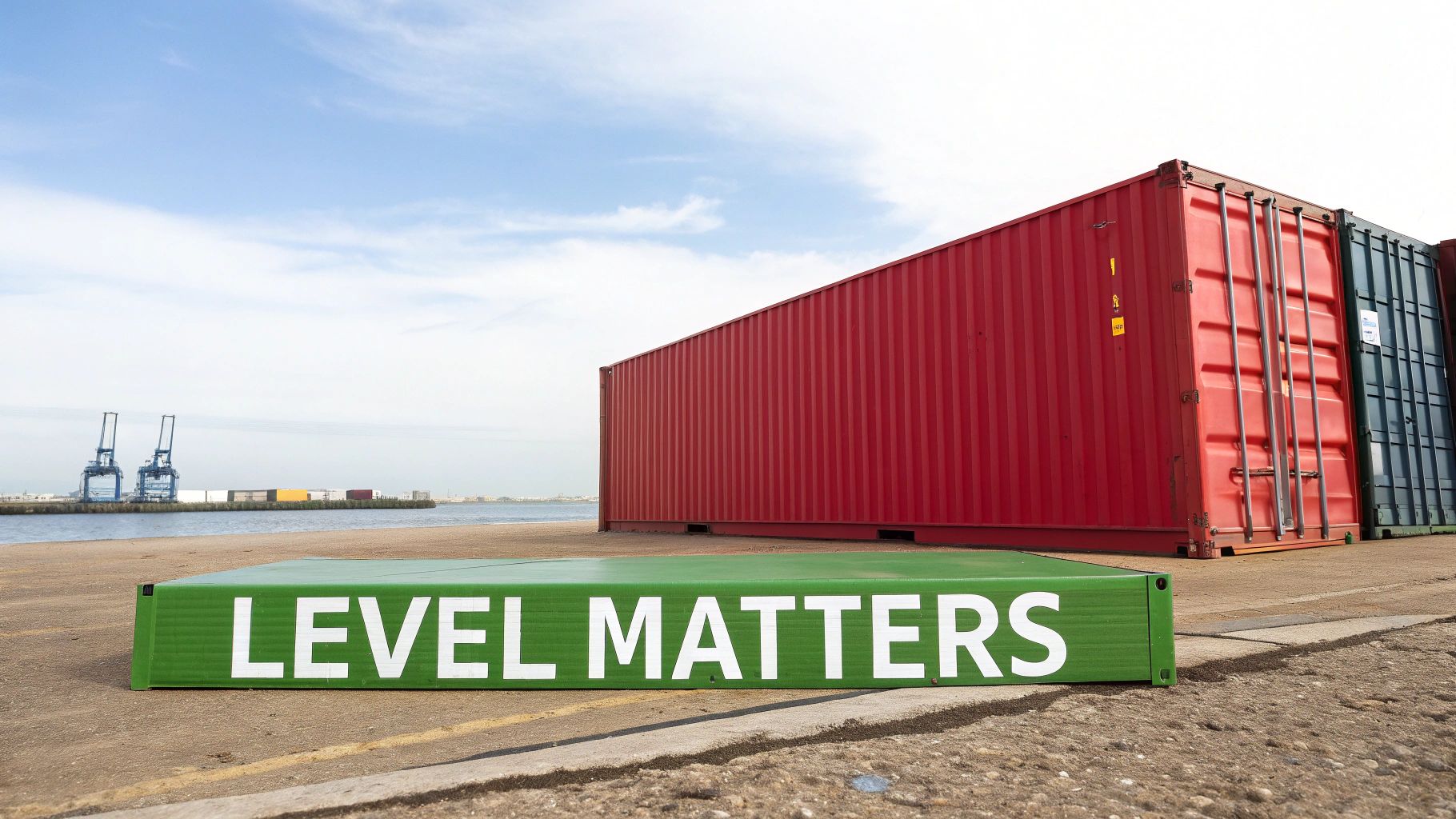 A perfectly levelled blue shipping container sitting on a prepared gravel base.