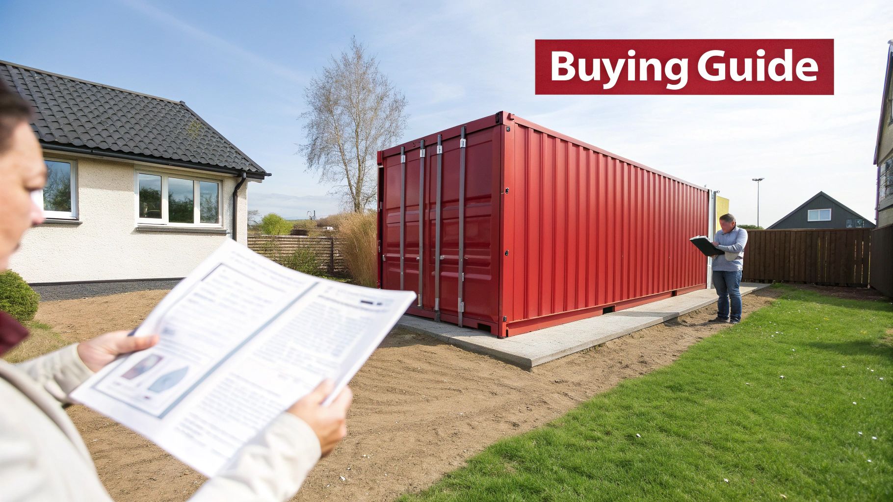 Two people reviewing a buying guide for a large red shipping container in a residential backyard.