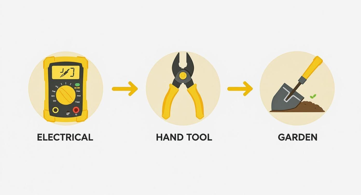 A diagram illustrates three categories: electrical multimeter, hand tool pliers, and garden shovel.