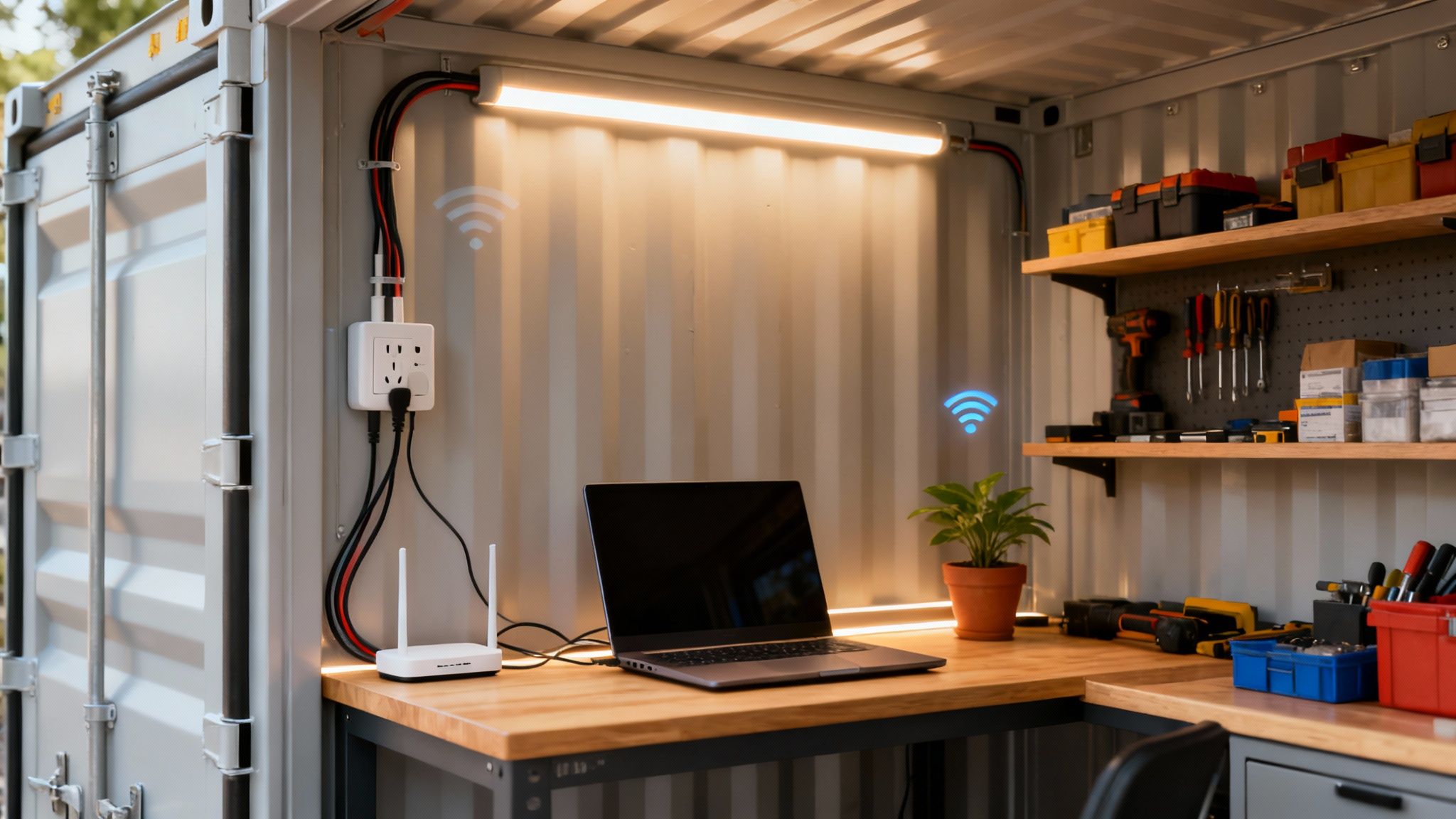 A modern, well-lit workspace inside a shipping container, featuring a laptop, router, and tools.