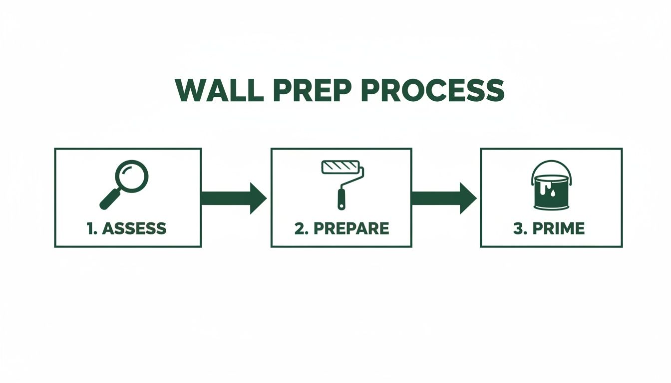 A diagram outlining the 3-step wall preparation process: assess, prepare, and prime for painting.