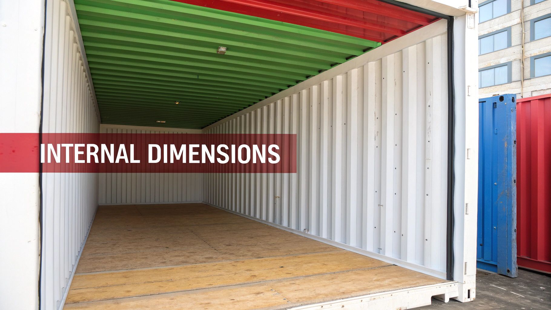 Interior view of an empty white shipping container with a green ceiling and wooden floor, highlighting internal dimensions.
