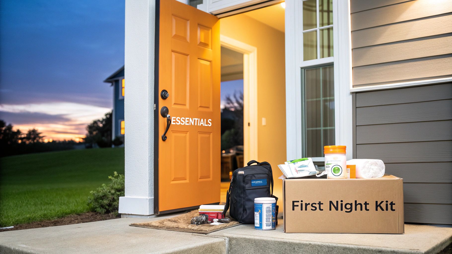 A "First Night Kit" box and other essentials on the porch of a new home at dusk.