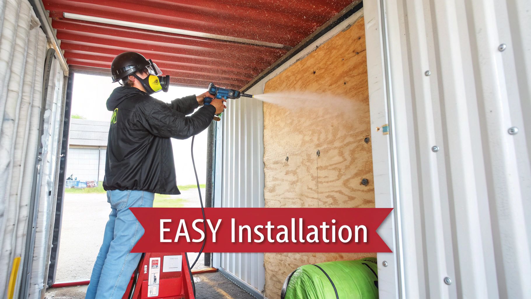 A person in protective gear installing rigid foam insulation boards inside a shipping container.