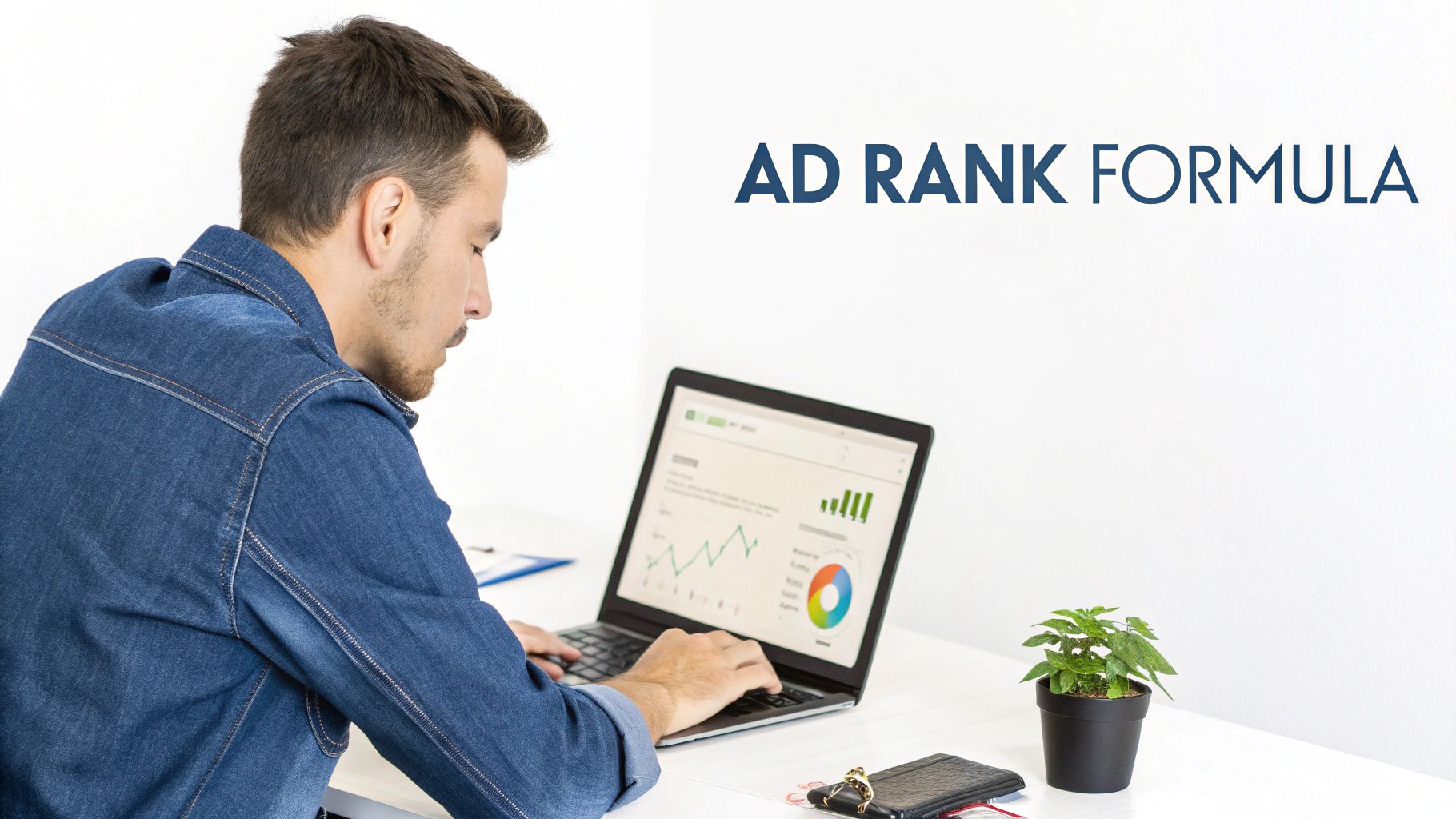A man in a denim shirt works on a laptop displaying charts, with 'AD RANK FORMULA' on the wall.