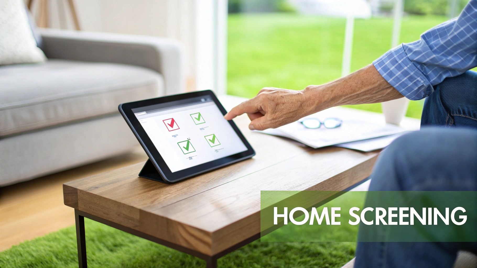 An older adult uses a tablet for home screening, displaying checkmarks and a cross mark.
