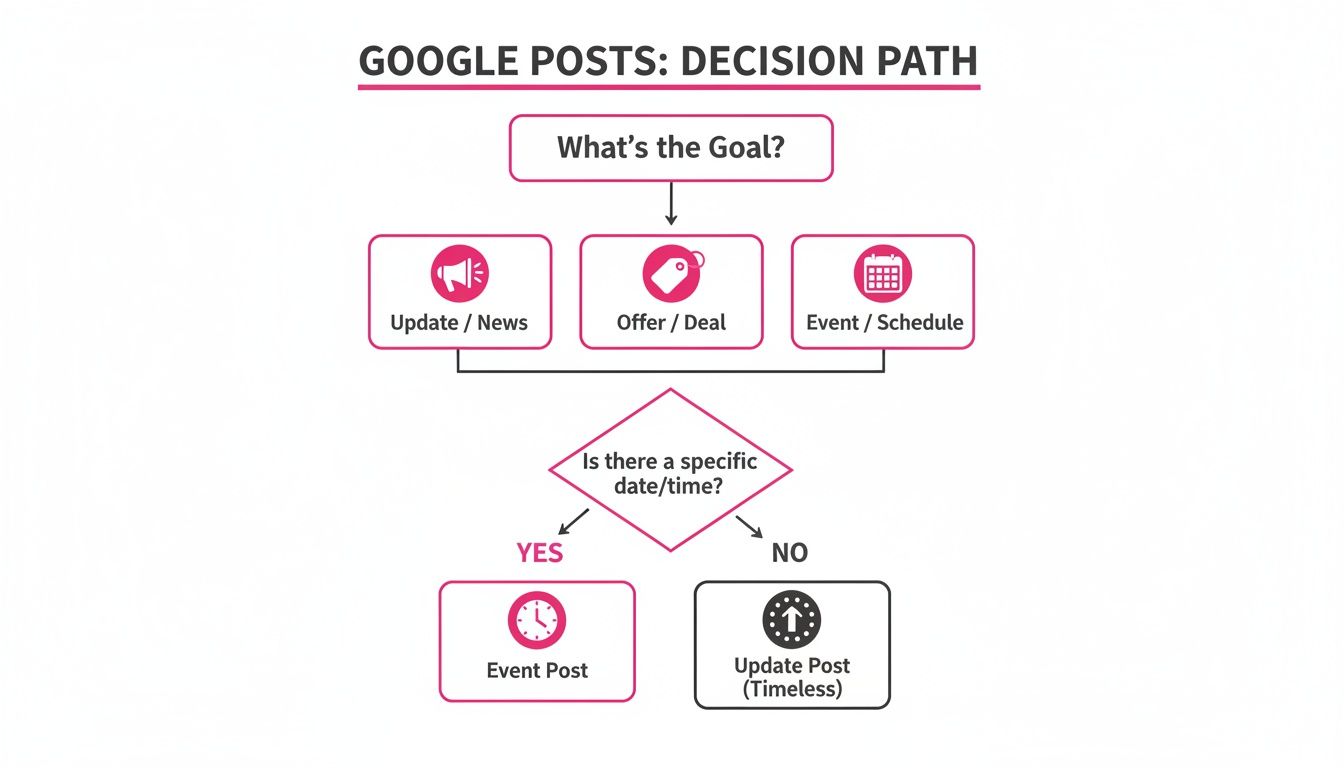 Flowchart illustrating the decision path for creating different Google Post types based on goal and timing.