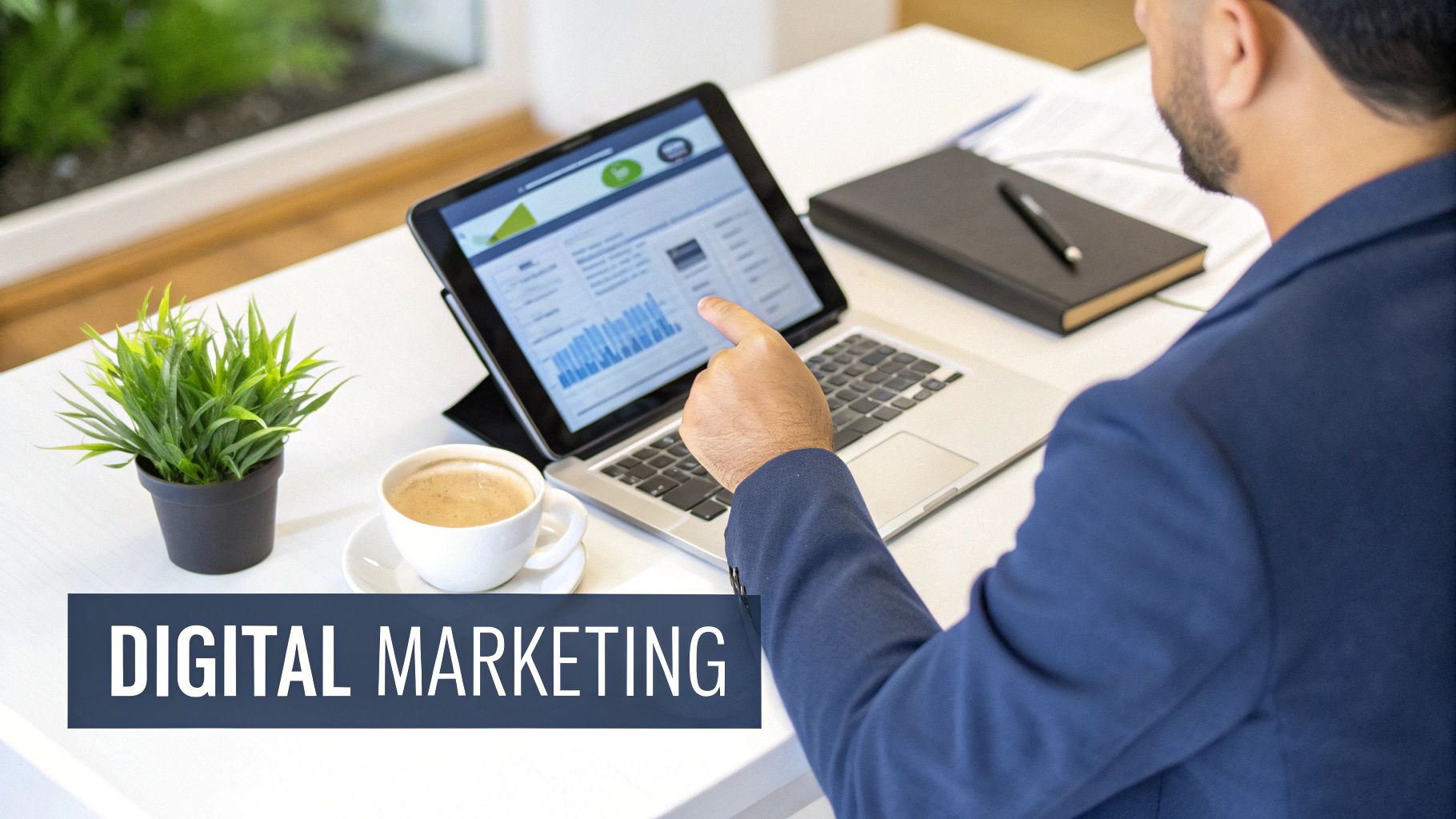 A group of small business owners collaborating around a table with laptops, illustrating digital marketing strategy.