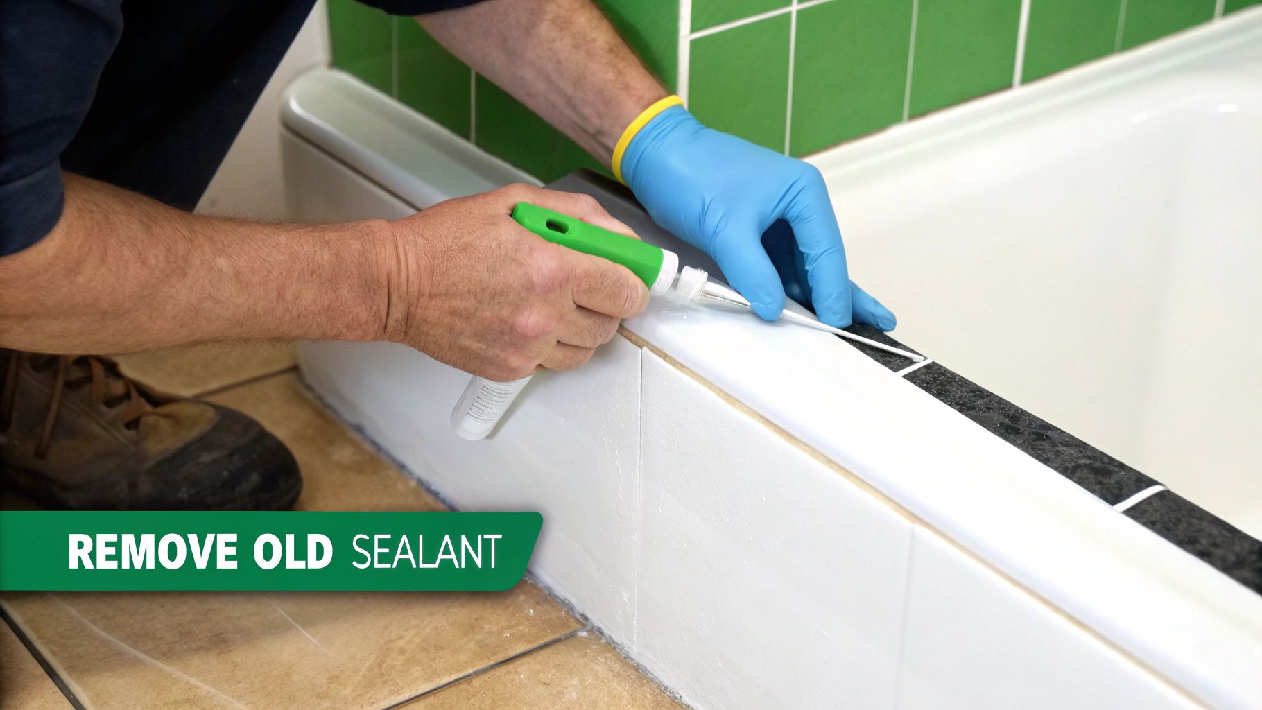 A person wearing blue gloves uses a specialized tool to remove old sealant from around a bathtub.