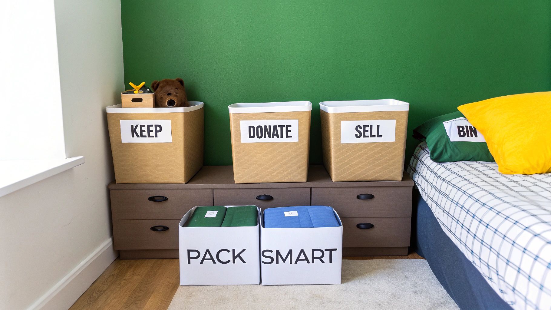 Bedroom with labeled boxes for sorting items like 'Keep', 'Donate', 'Sell', and 'Pack Smart'.