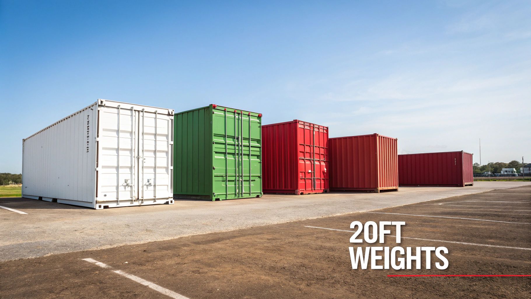 A row of colorful 20ft shipping containers, including white, green, and red, under a blue sky.