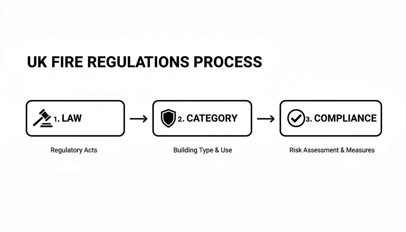 A flowchart showing the UK fire regulations process: Law, Category, and Compliance steps.