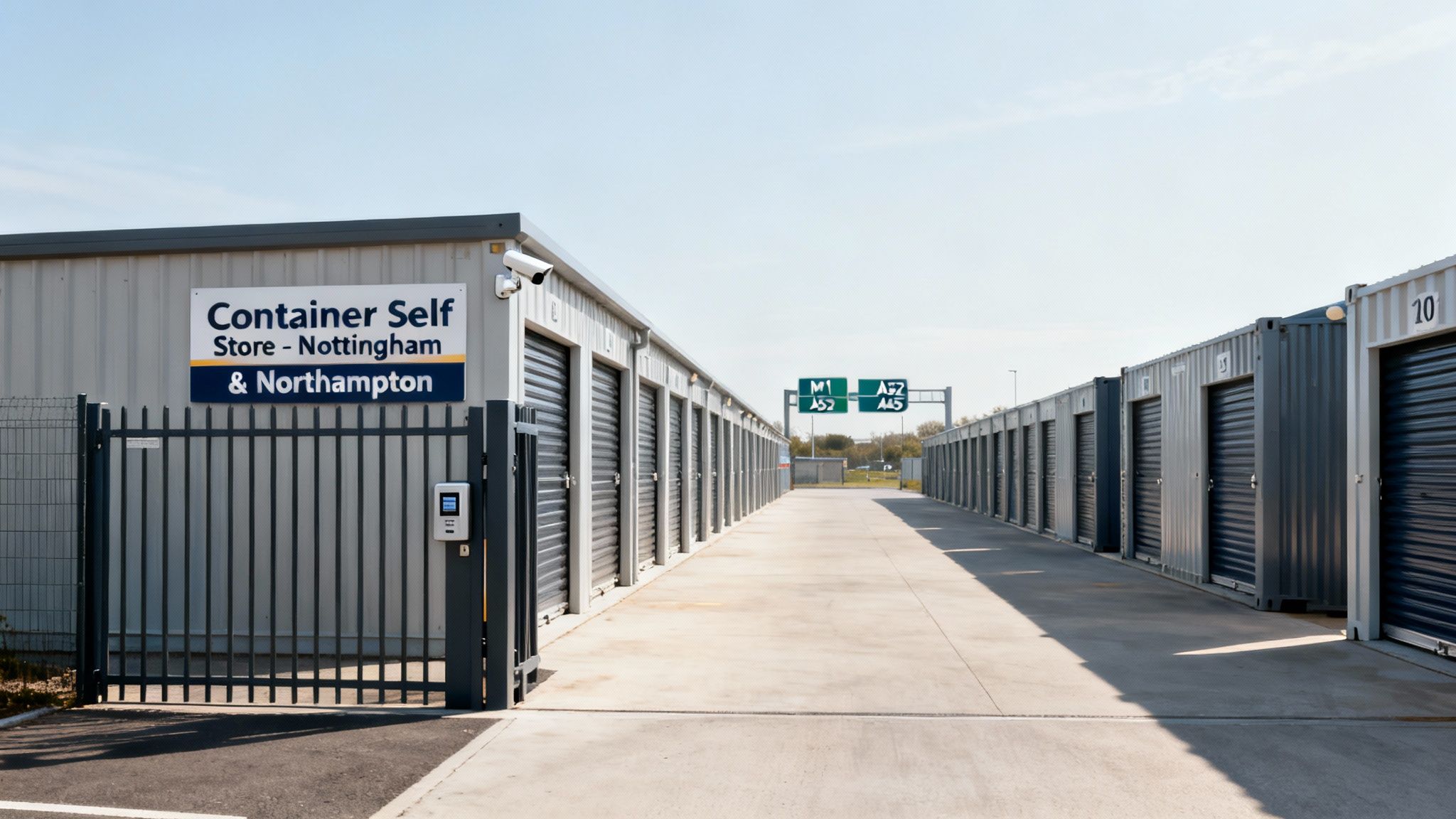 A long view of a self-storage facility with rows of grey container units under a clear sky.