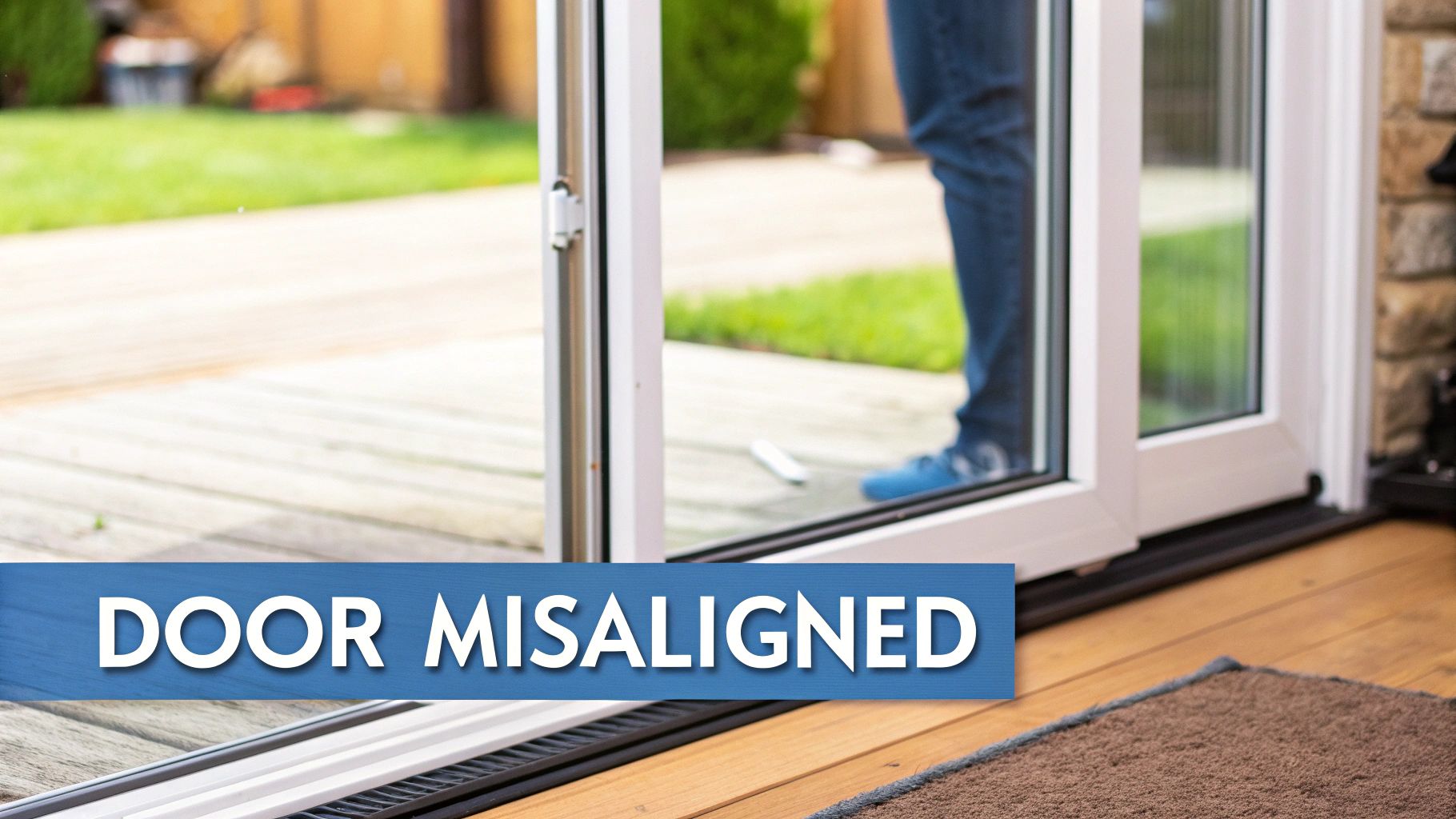 A modern, clean patio door with a view of a garden.