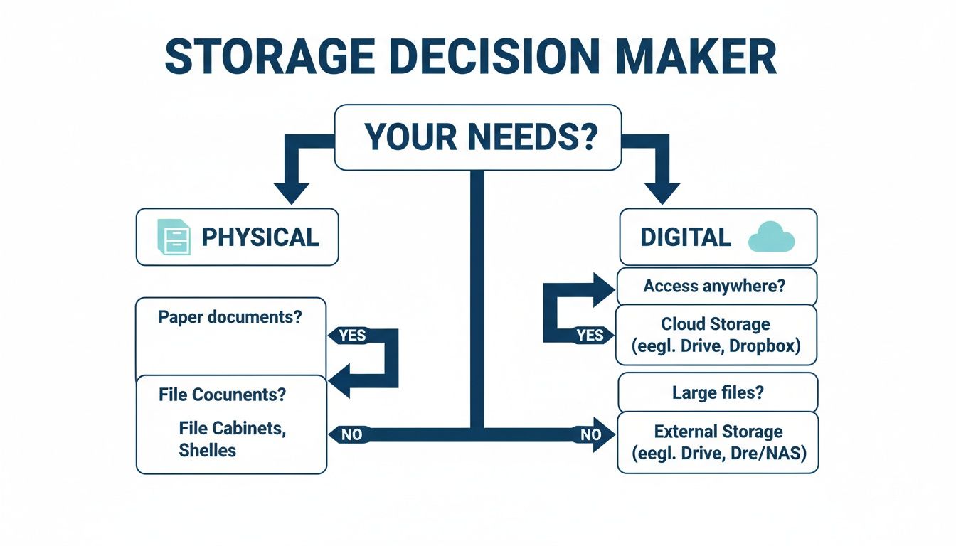 Flowchart for storage decision making, comparing physical and digital document storage methods.