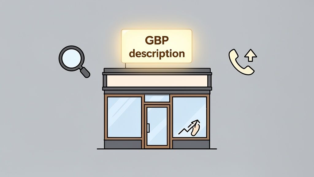 Illustration of a storefront with a 'GBP description' sign, magnifying glass, phone, and growth chart, symbolizing Google Business Profile management and optimization.