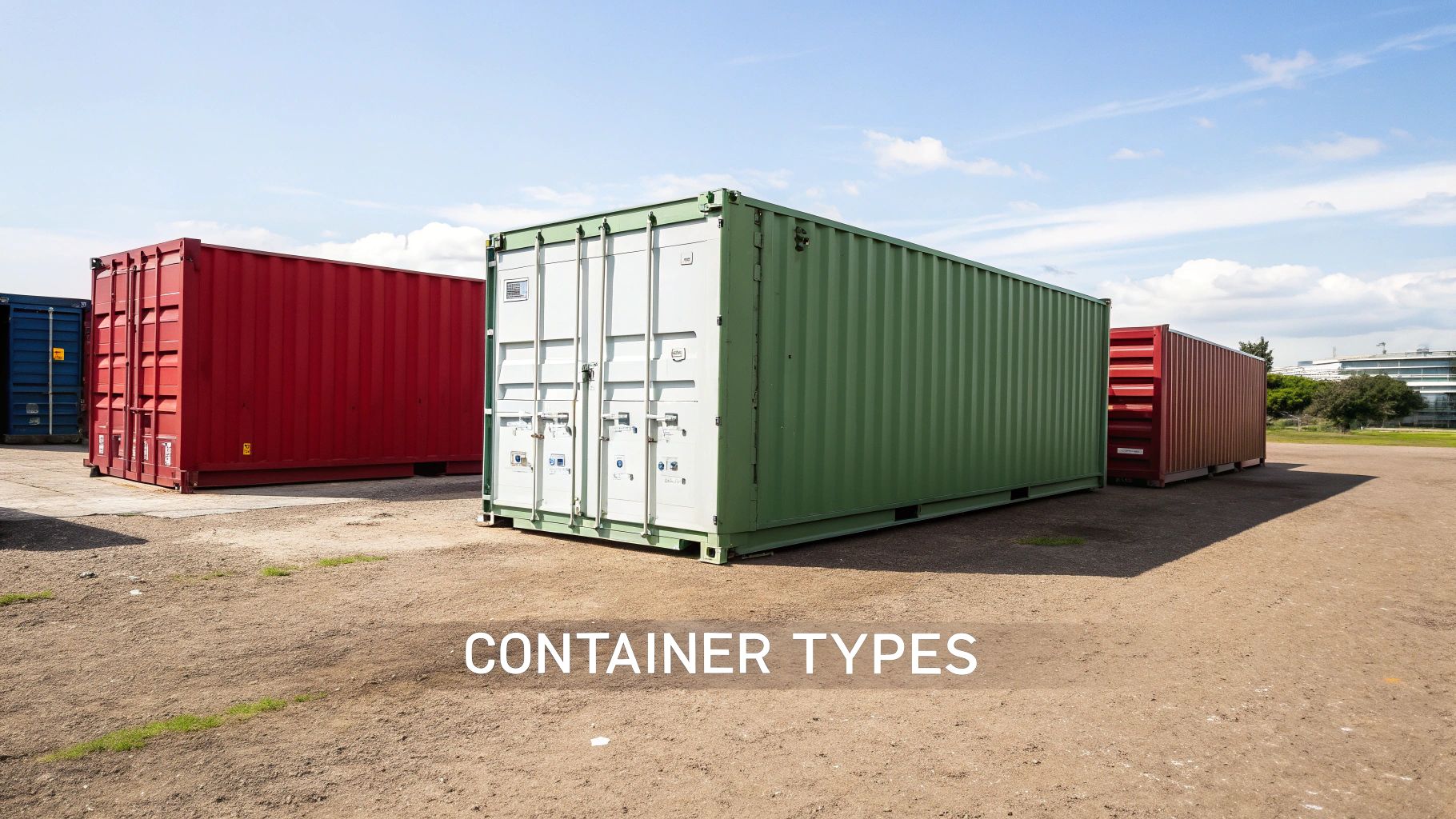 Multiple colorful shipping containers in a storage yard under a blue sky, showcasing different types.