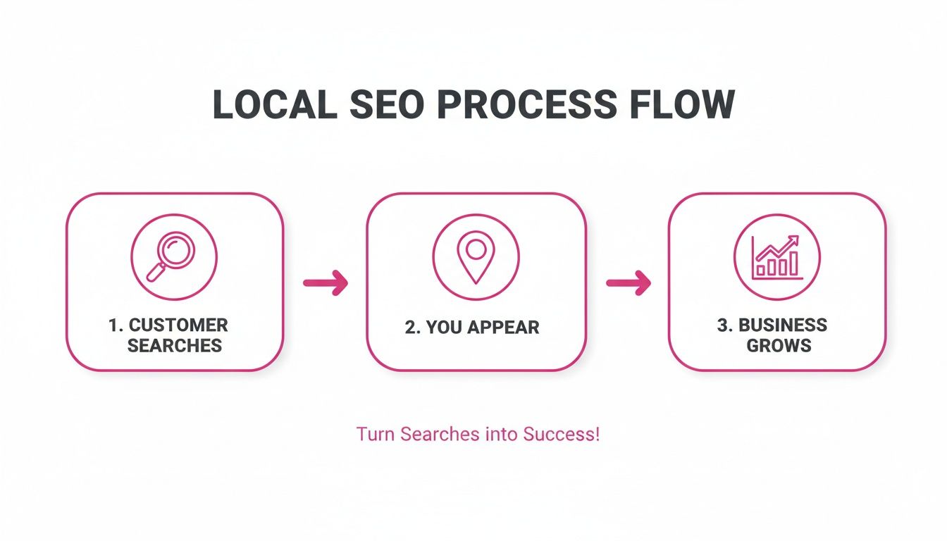 Flowchart illustrating the local SEO process: customer searches, businesses appear, leading to growth and success.