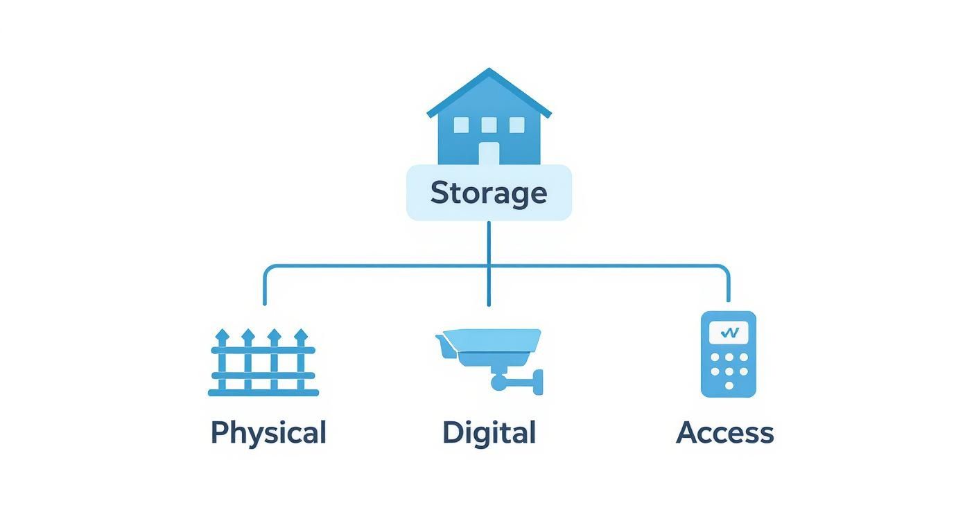 A diagram illustrates 'Storage' connected to 'Physical' fence, 'Digital' camera, and 'Access' keypad.