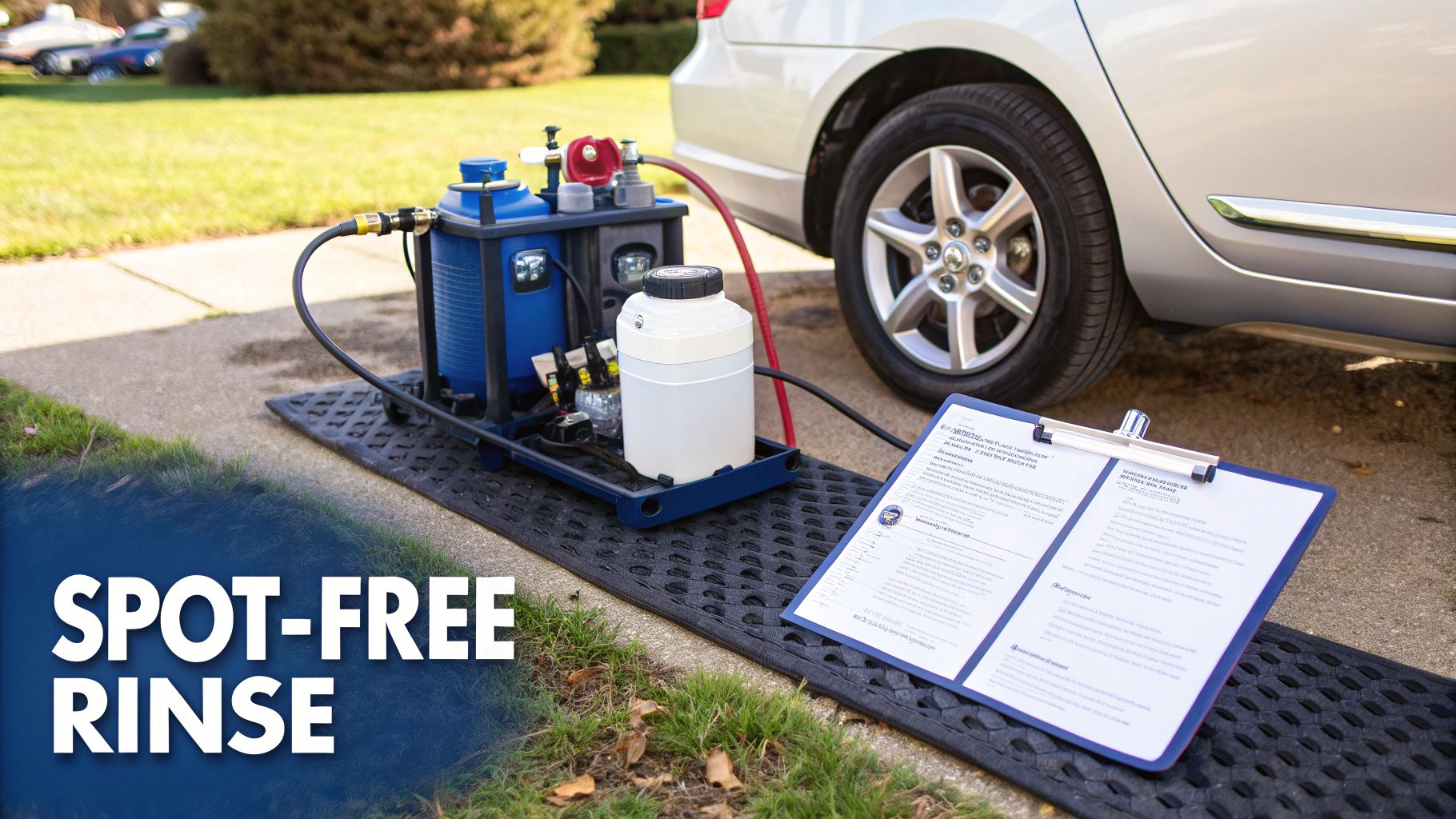 A spot-free rinse water tank system with blue tanks and hoses set up for car detailing a white car.