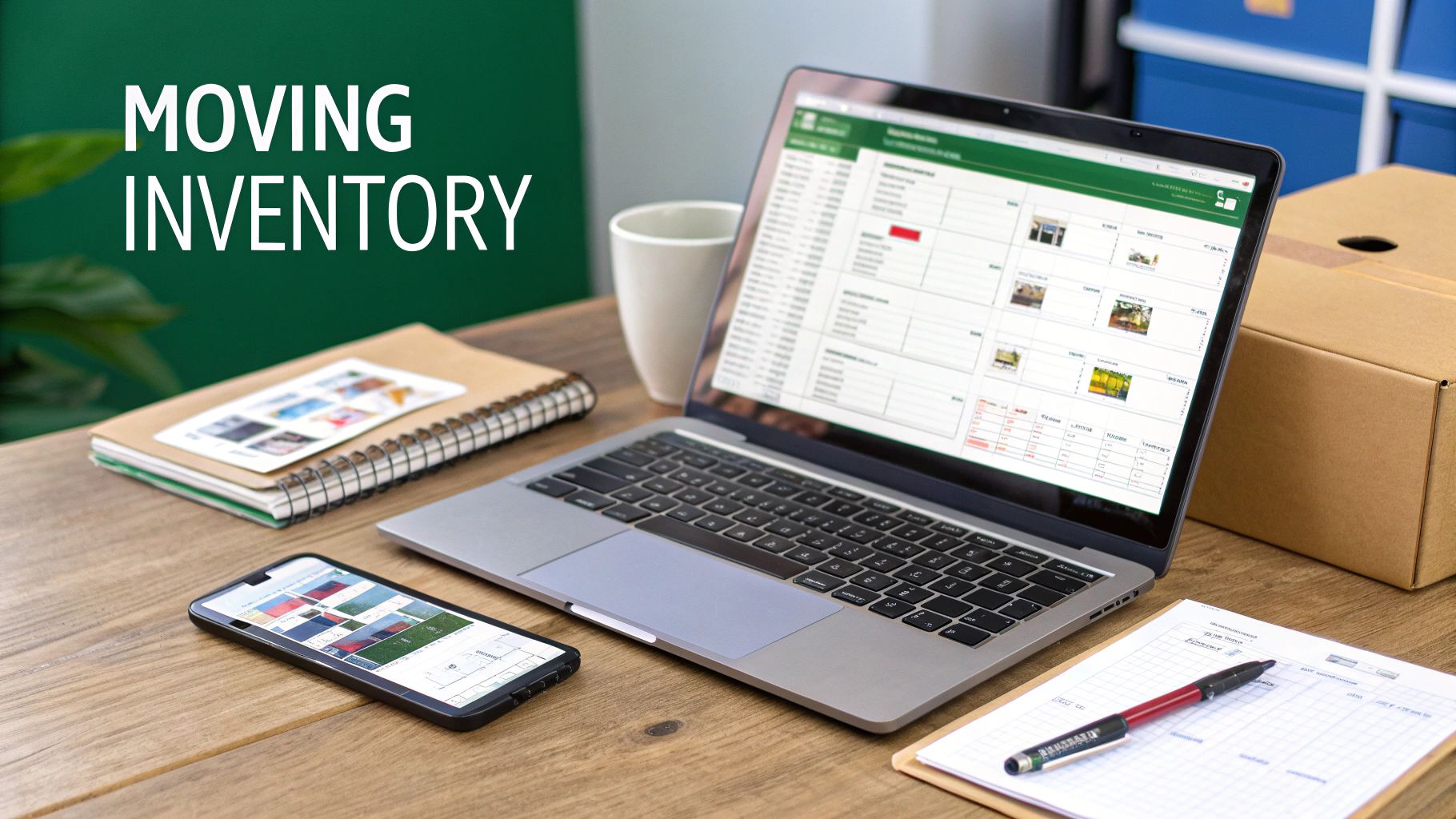A desk with a laptop displaying a moving inventory, a smartphone, notebook, and a cardboard box.