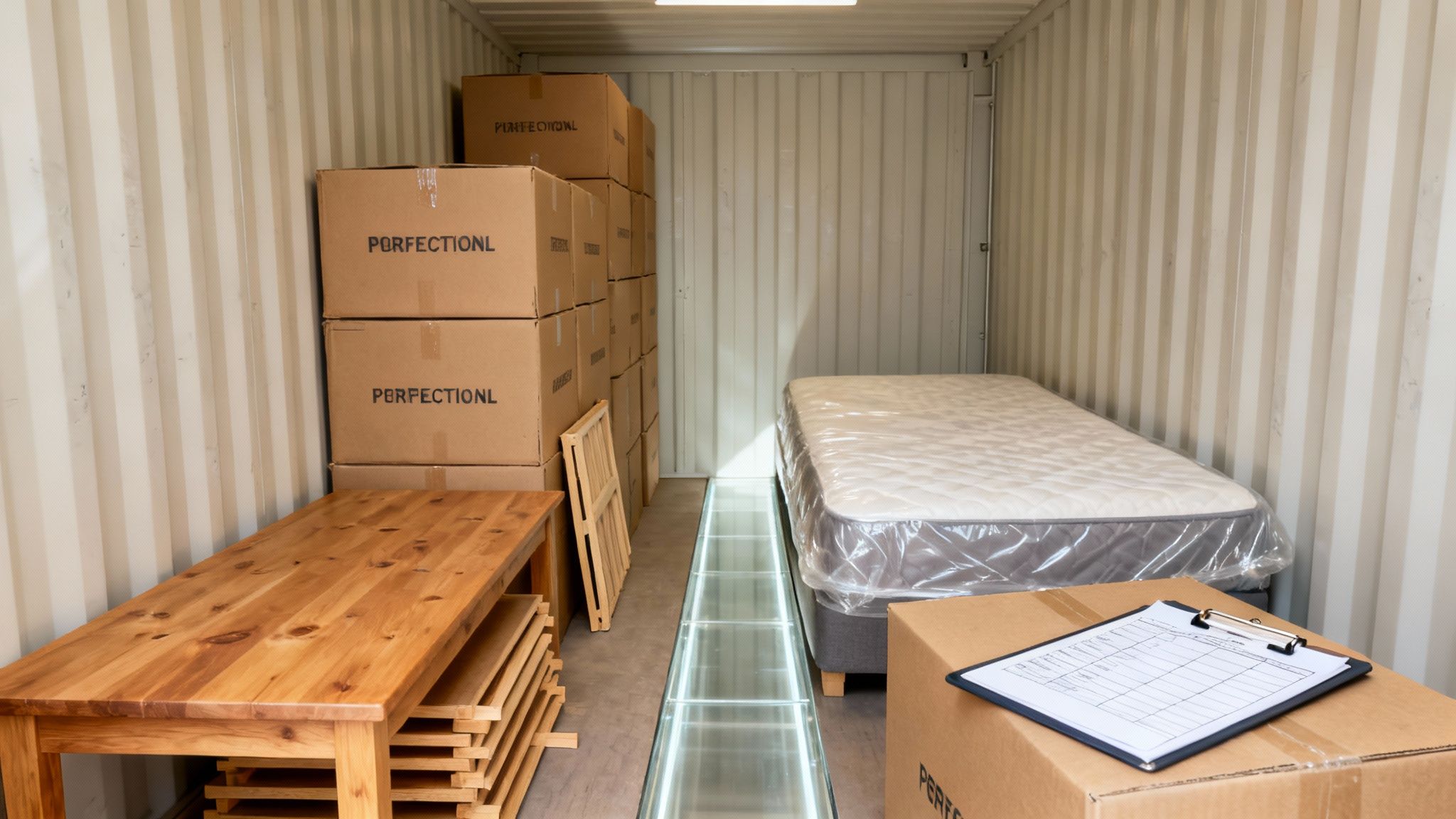 Inside a modern short-term storage unit with moving boxes, a mattress, and a wooden table.