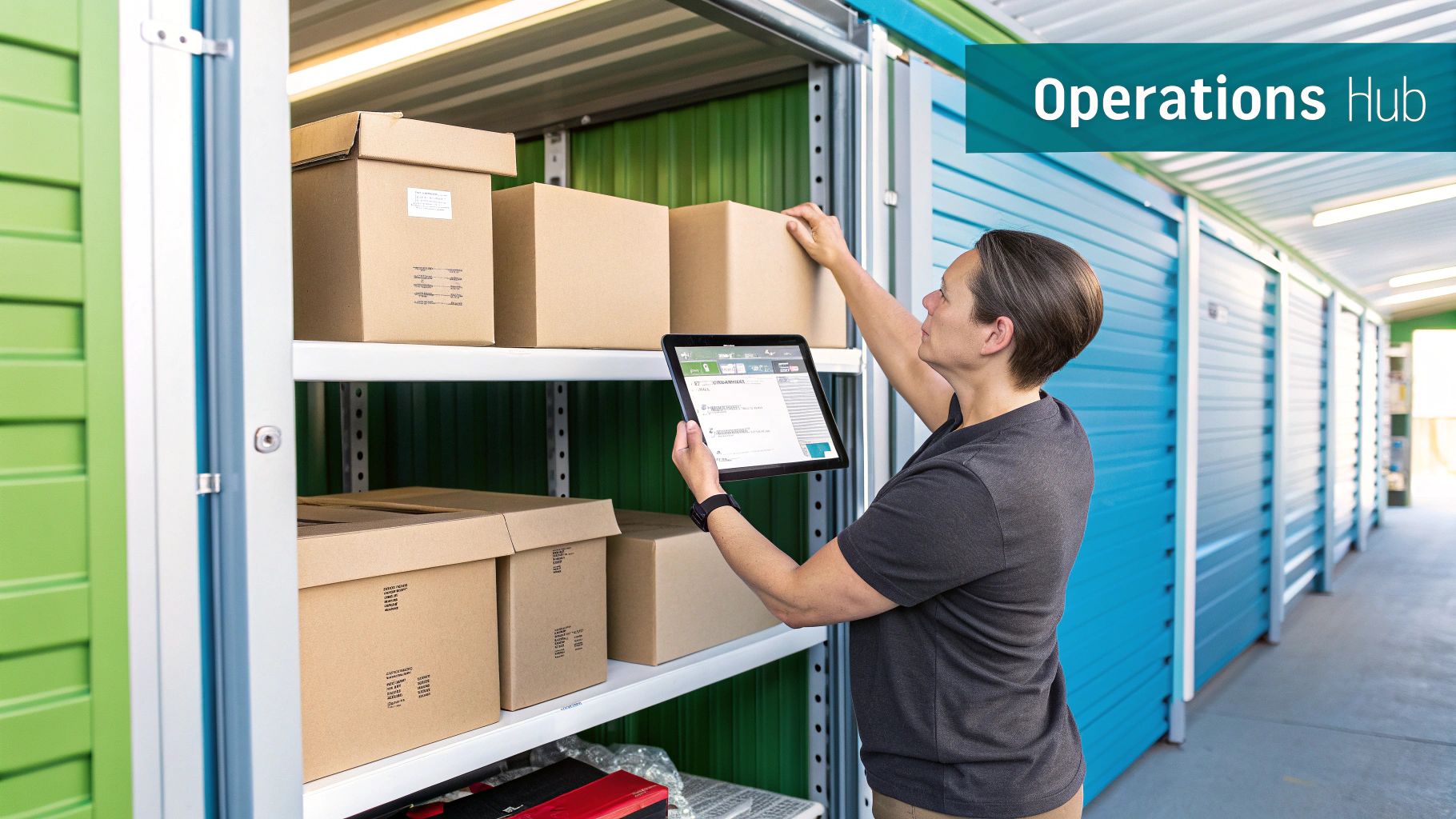 A woman manages inventory in a self-storage unit, using a tablet to organize boxes on shelves.